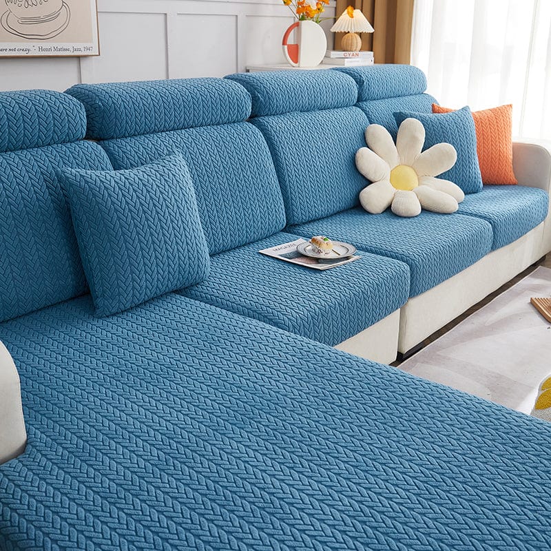 Housse de coussin en laine bleue avec motif géométrique