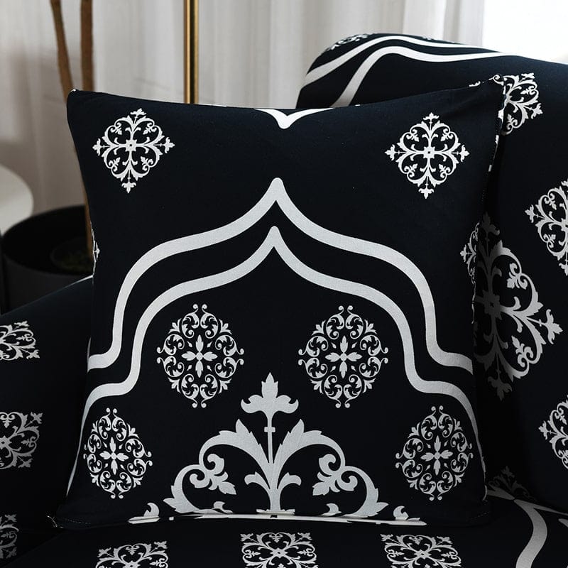 Housse de coussin déperlante sur canapé, tissu gris résistant
