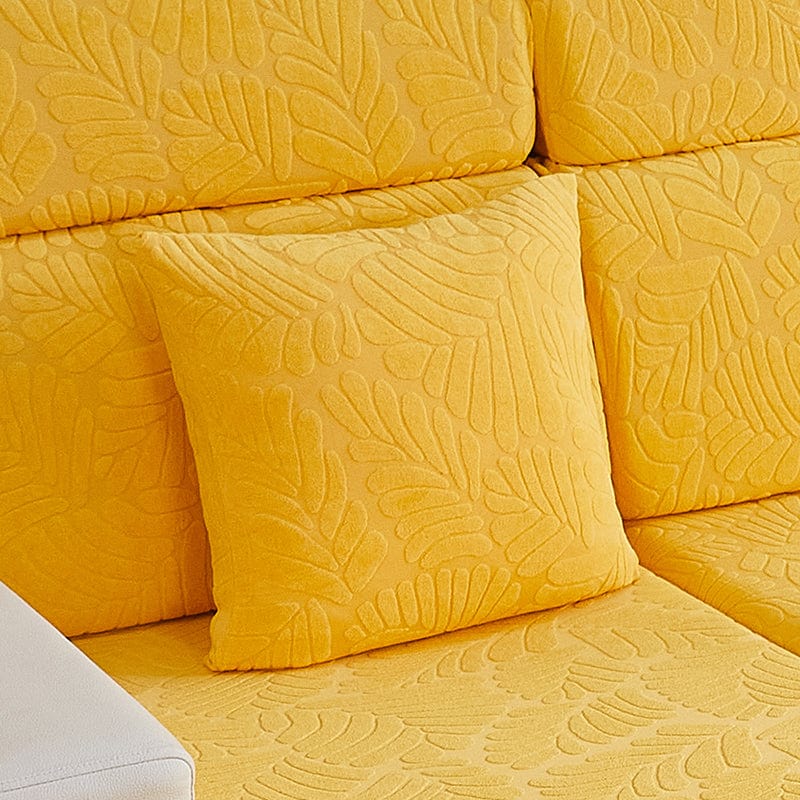 Housse de coussin jaune avec motif palmier, vue de face