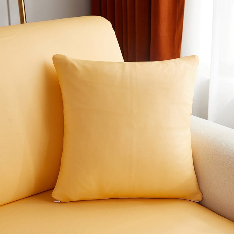 Housse de coussin jaune en simili cuir imperméable, vue de face