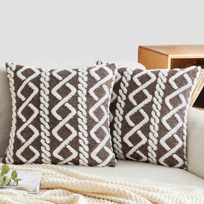 Housse de coussin marron et blanche en Pilou Pilou croisé
