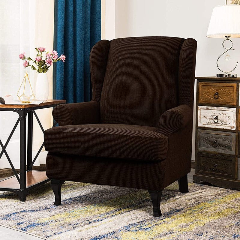 Housse marron pour fauteuil à oreilles en tissu jacquard