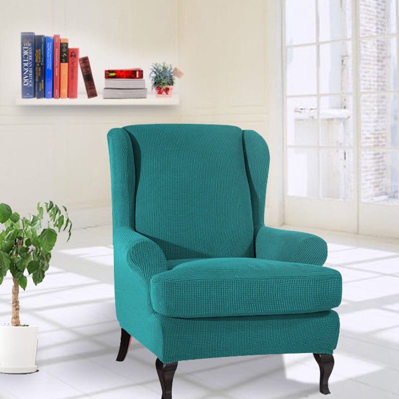 Housse turquoise déperlante sur fauteuil bergère, vue de face