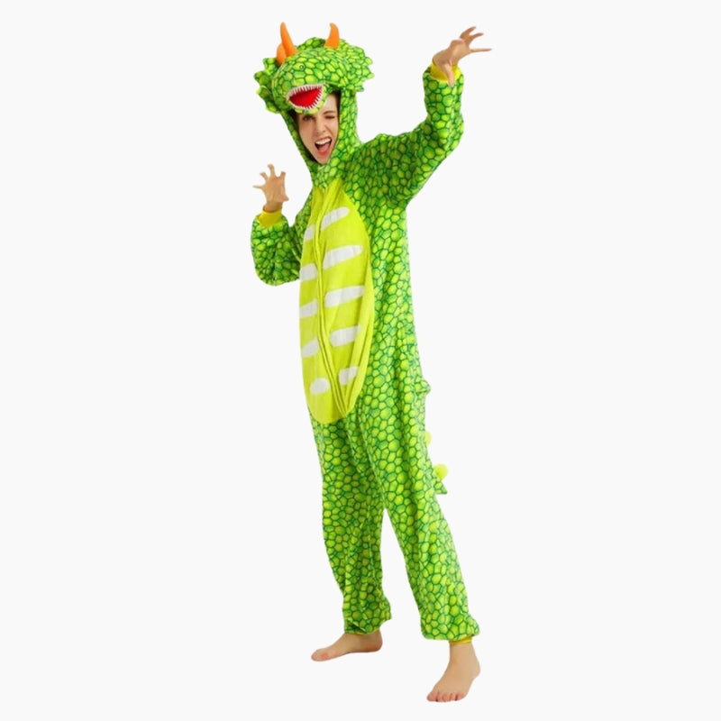 Combi pyjama verte dinosaure avec capuche et cornes