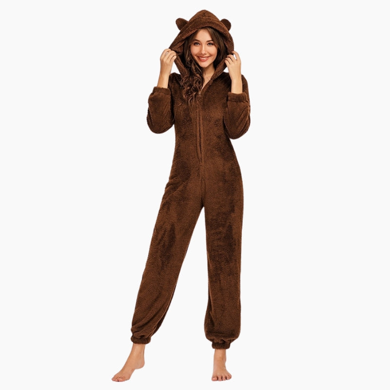 Combi pyjama marron avec capuche et oreilles visibles