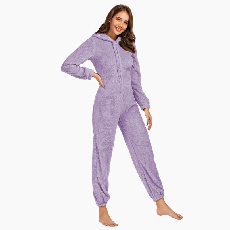 Combinaison pyjama violette en polaire avec capuche et fermeture éclair