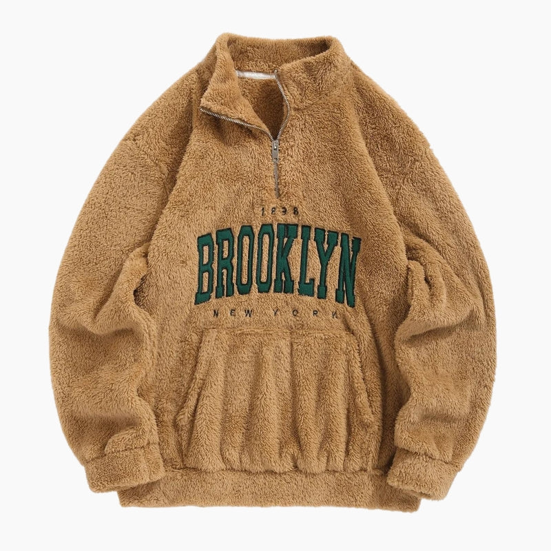 Vue d'ensemble du pull ample en Pilou Pilou marron