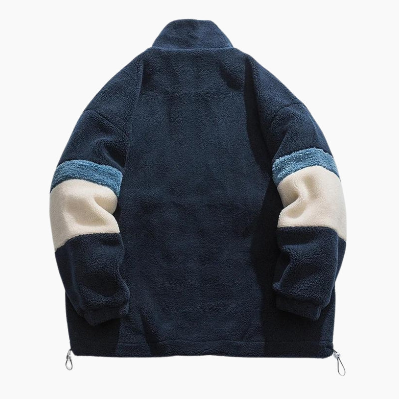 Manteau tricolore duveteux avec col montant et fermeture éclair