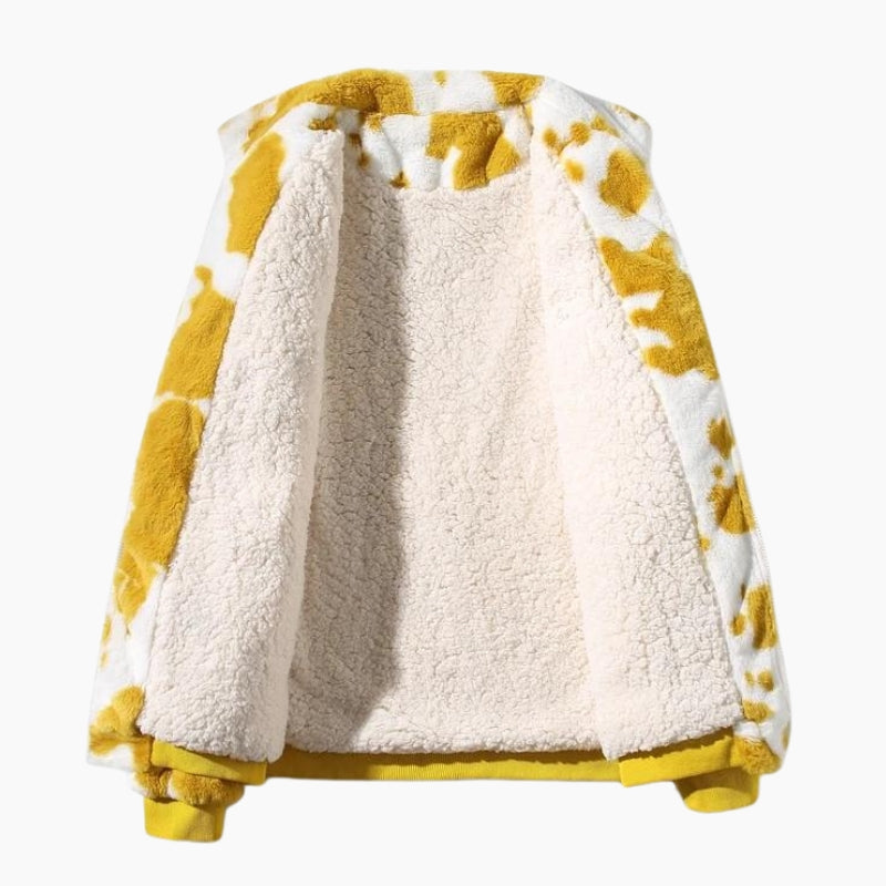 Manteau jaune en moumoute avec fermeture éclair visible