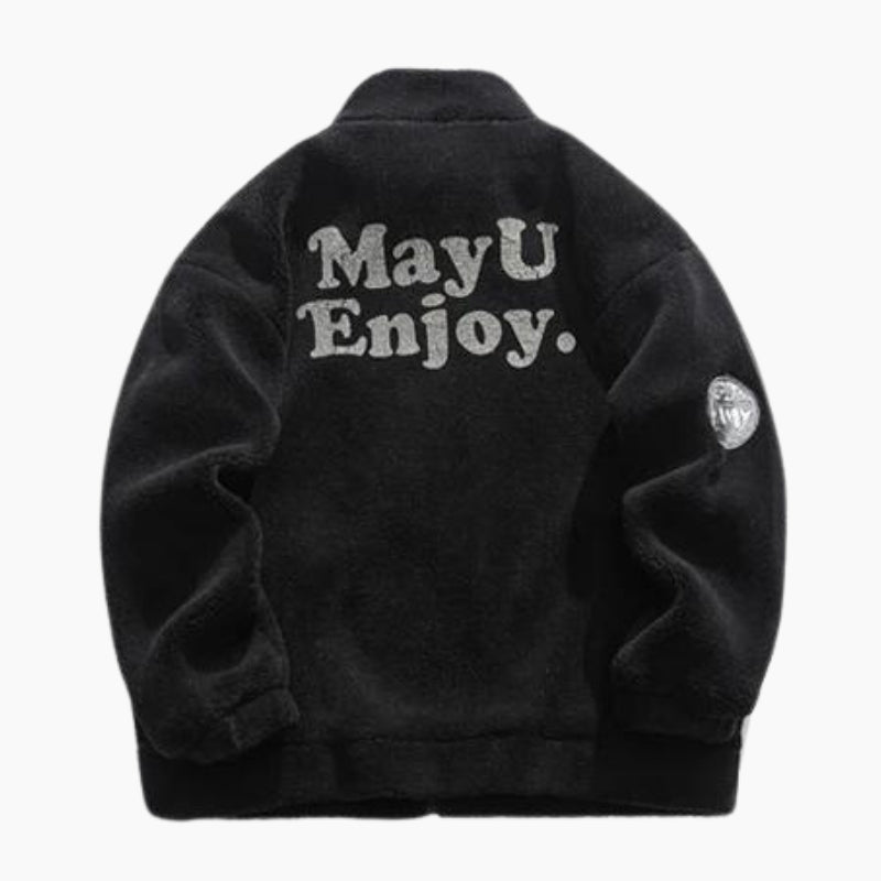 Manteau noir en peluche avec col rond et poches visibles