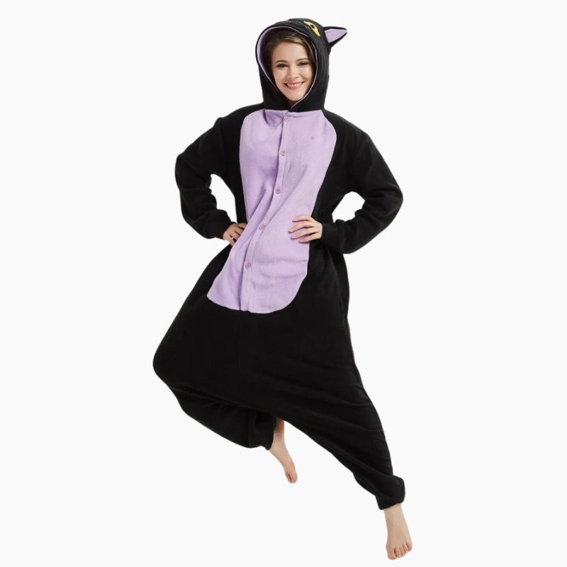 Onesie bicolore noire et violette avec capuche chat