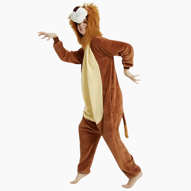 Combinaison lion en polaire avec capuche et queue visible