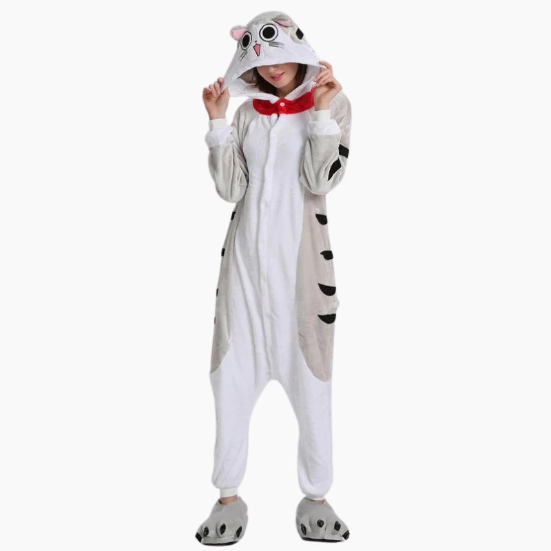 Combinaison chat grise et blanche en polaire avec capuche et oreilles