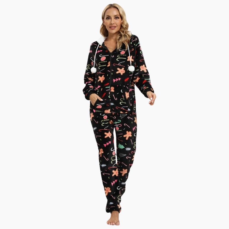 Combinaison pyjama noire avec capuche et pompons pour femme