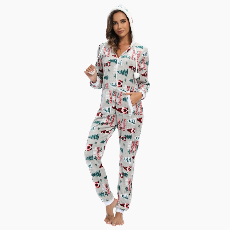Combinaison pyjama grise avec motifs amusants et capuche
