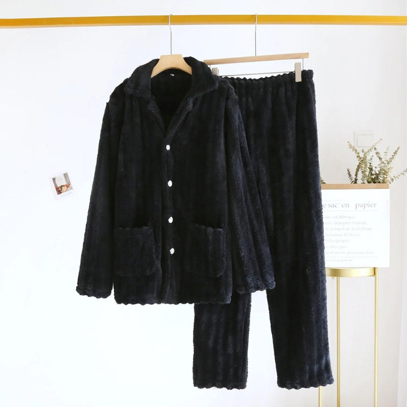 Pyjama noir en molleton pour homme avec col replié