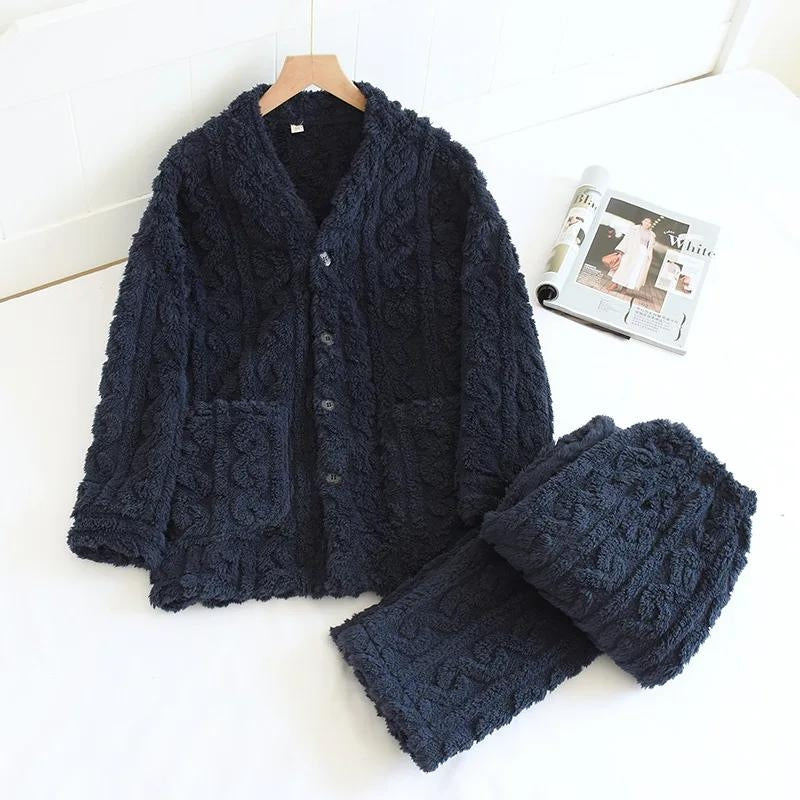 Pyjama homme bleu marine en flanelle avec col en V