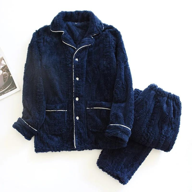 Pyjama homme bleu marine en pilou avec contours blancs