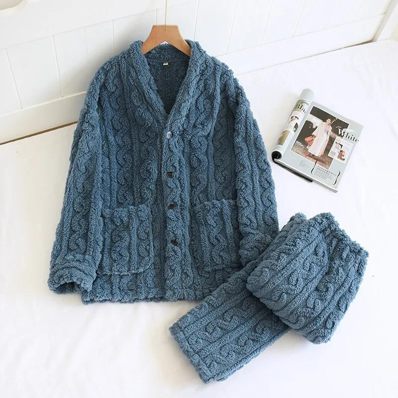 Pyjama homme bleu marine en Pilou avec col V et boutons