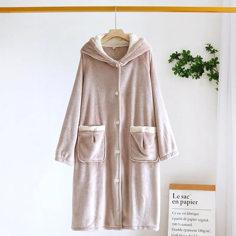 Robe de chambre polaire rose avec capuche pour femme