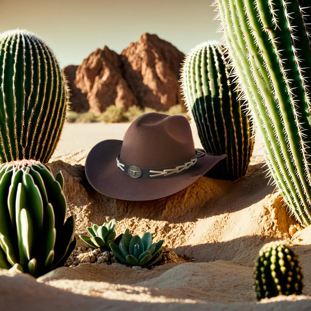 Chapeau cowboy marron avec large bordure et cordon en gros plan