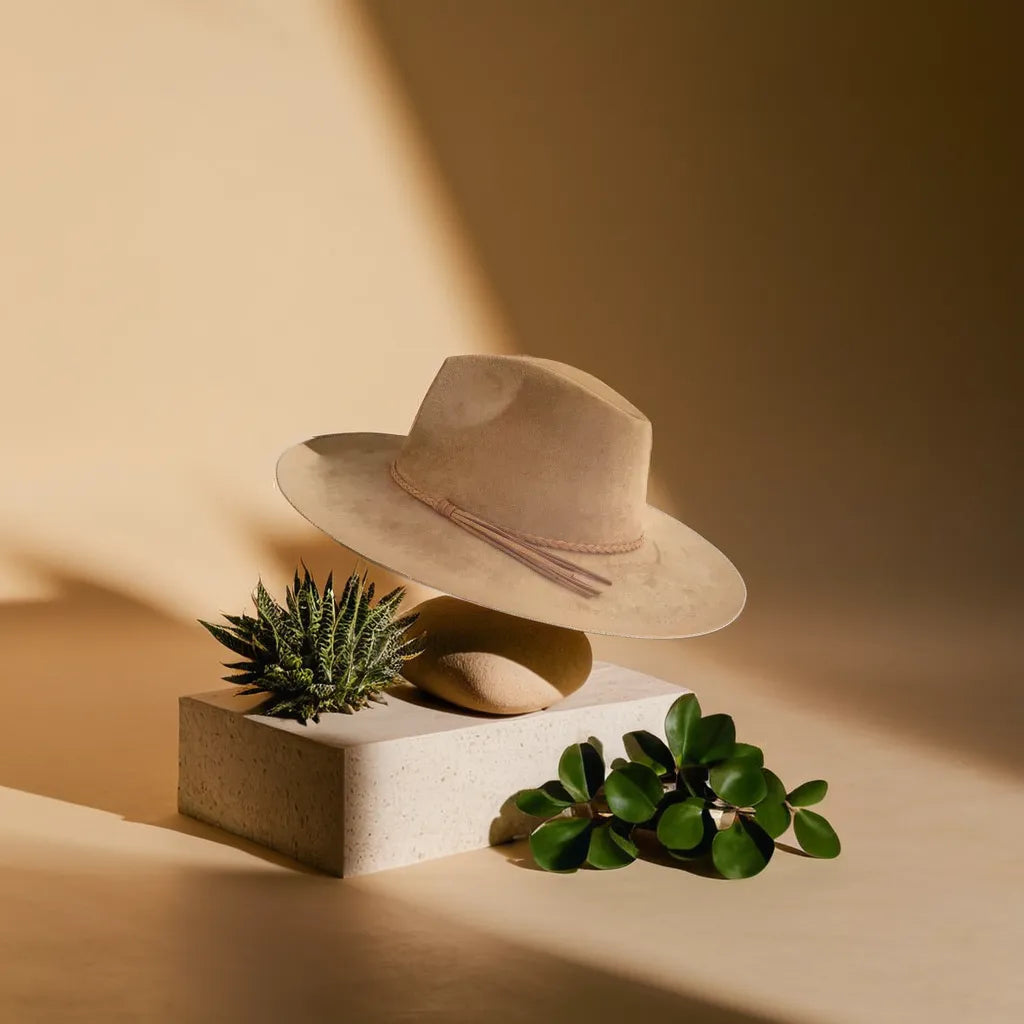 Gros plan sur un chapeau en suède beige sur fond neutre