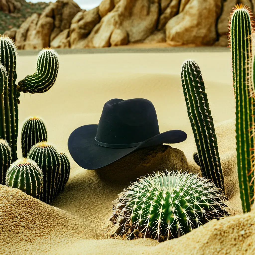 Chapeau cowboy en cuir posé sur une table en bois