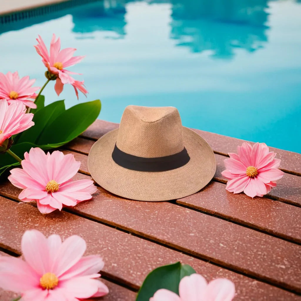Chapeau de paille posé sur une table en bois, lumière naturelle