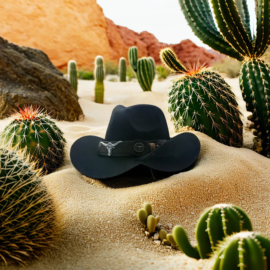 Chapeau cowboy avec large bordure posé sur une table