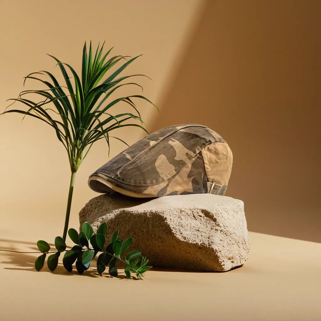 Béret camouflage posé sur une table en bois, ambiance décontractée