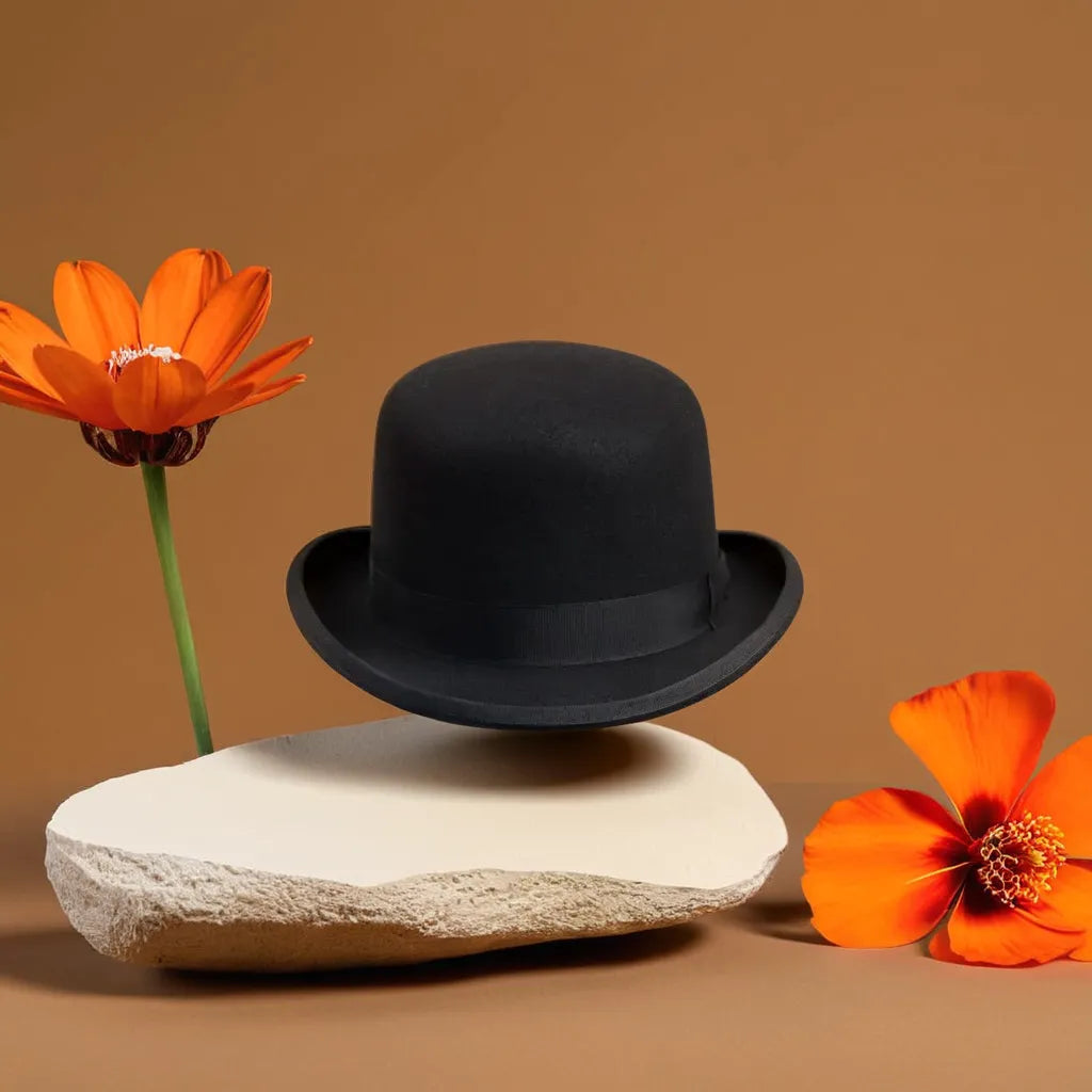 Chapeau melon posé sur une table en bois clair