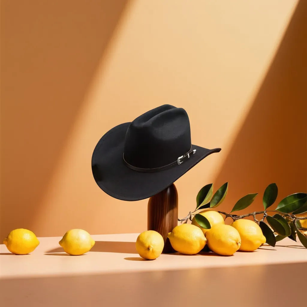 Gros plan sur la bordure large d'un chapeau cowboy en feutre
