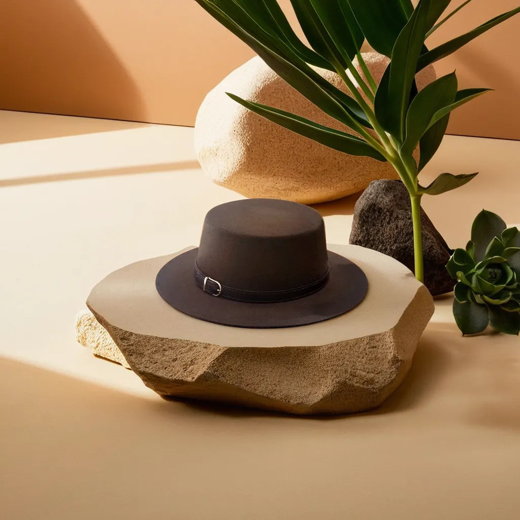 Chapeau Fedora beige posé sur une table en bois