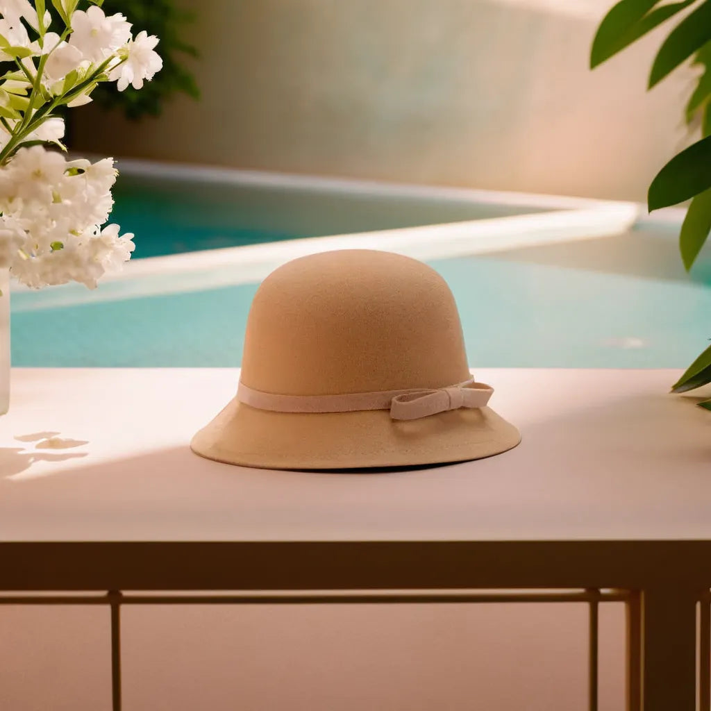 Chapeau cloche en feutre beige avec ruban noir