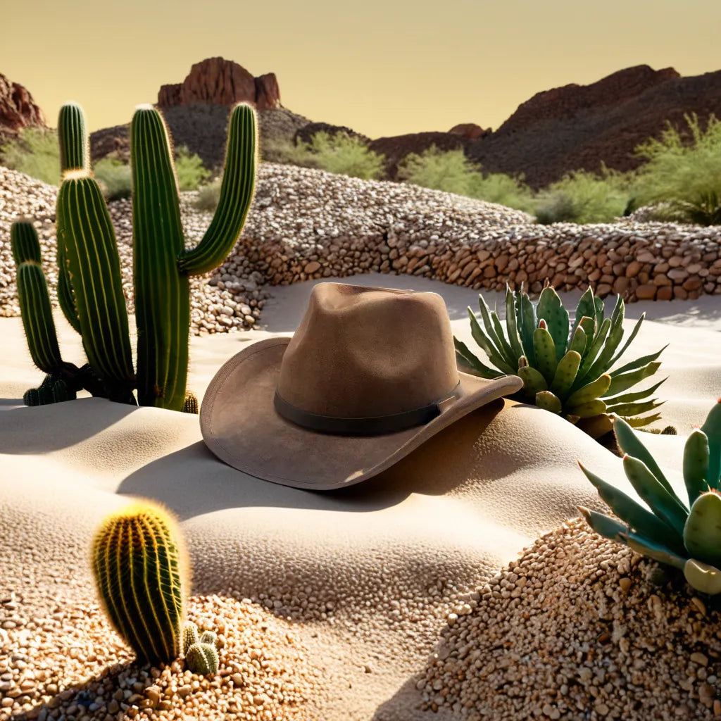 Chapeau cowboy avec large bordure posé sur une table en bois