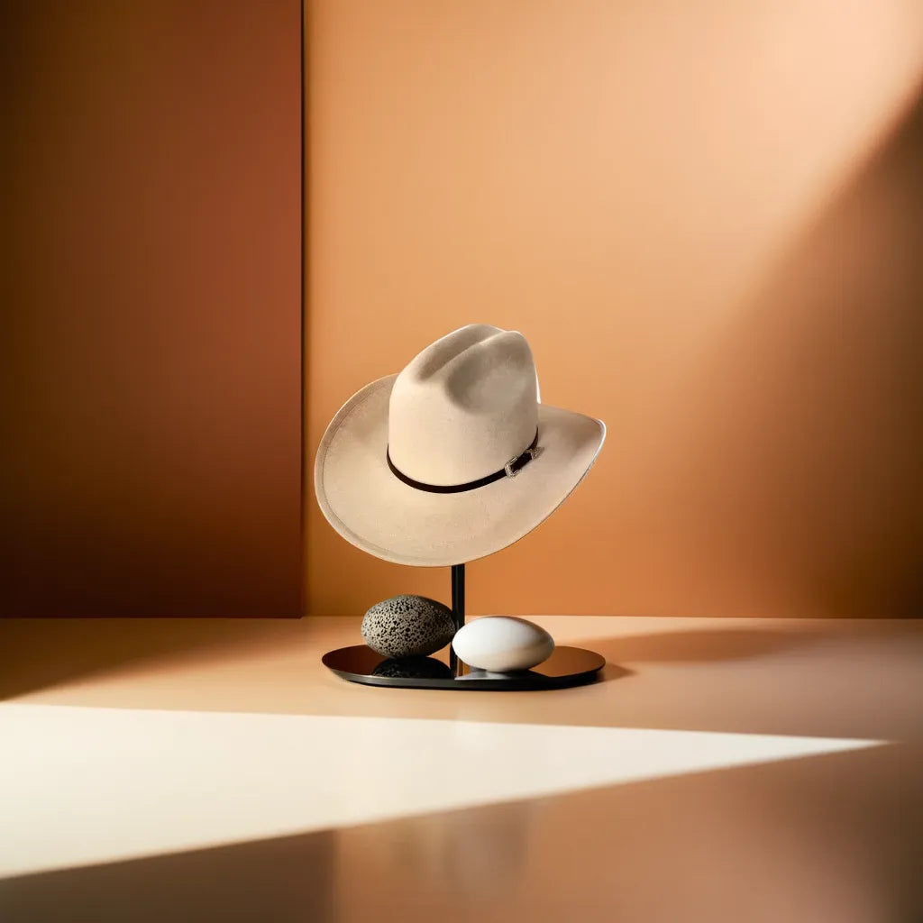 Chapeau cowboy en feutre de laine posé sur une table en bois
