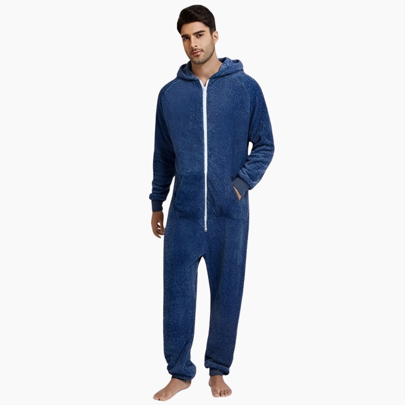 Vue de face d'une combinaison plaid bleu marine pour homme