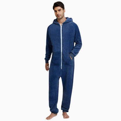 Vue de face d'une combinaison plaid bleu marine pour homme