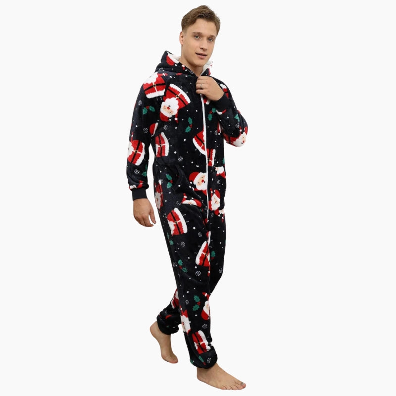 Combinaison de Noël homme en pilou avec capuche et motifs