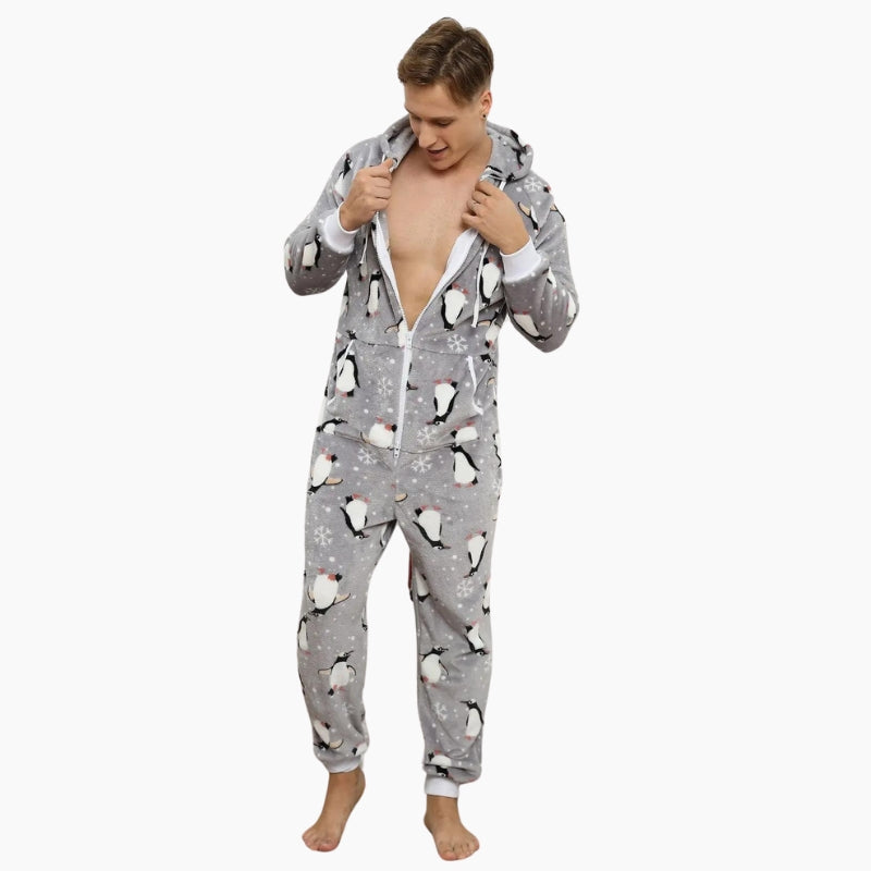 Combinaison pyjama grise avec motifs pingouins et capuche