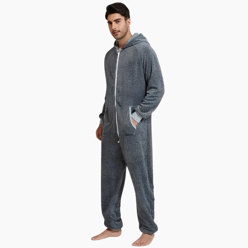 Détail de la capuche et texture polaire de la onesie grise