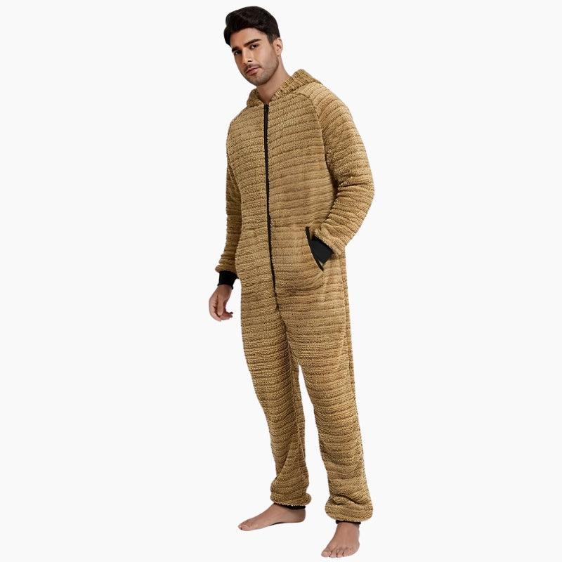 Combinaison pyjama marron avec capuche et fermeture éclair