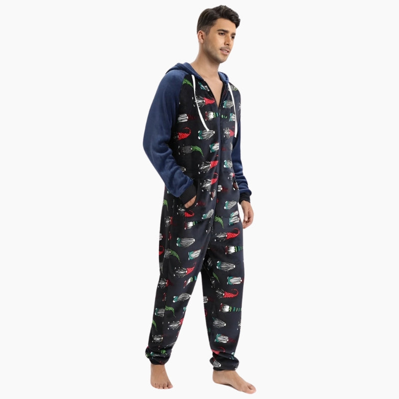 Surpyjama bleu marine avec motifs fantaisie et capuche