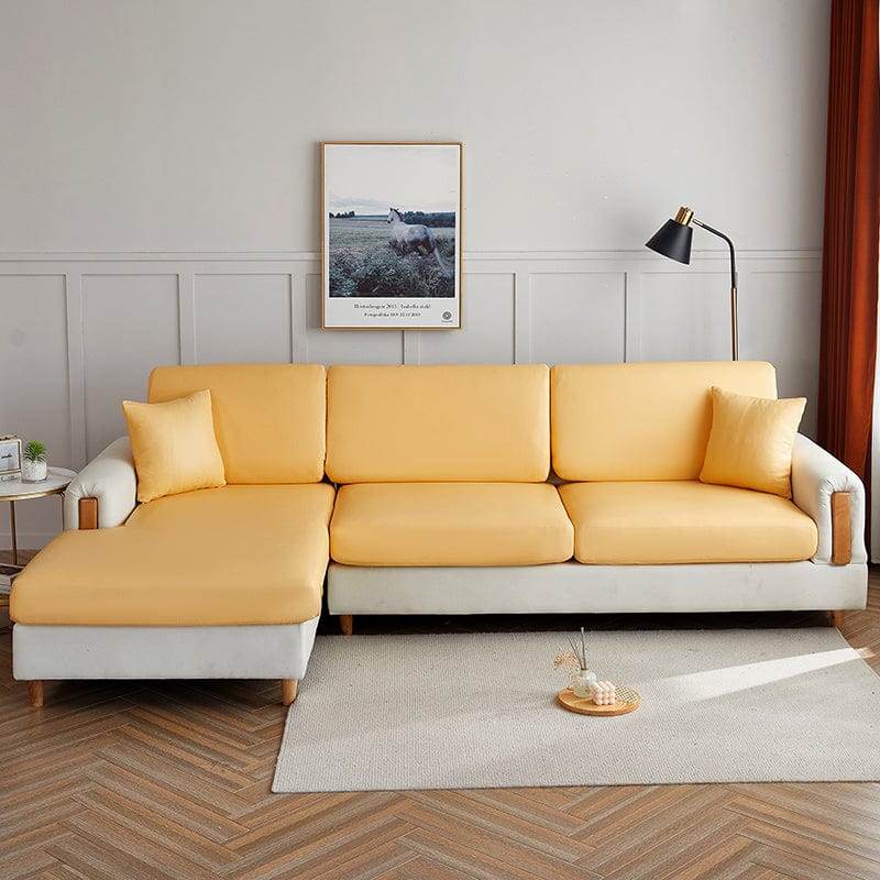 Détail du matériau simili cuir de la housse jaune