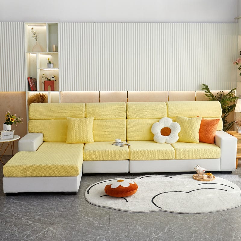 Housse polaire jaune, vue d'ensemble sur canapé moderne
