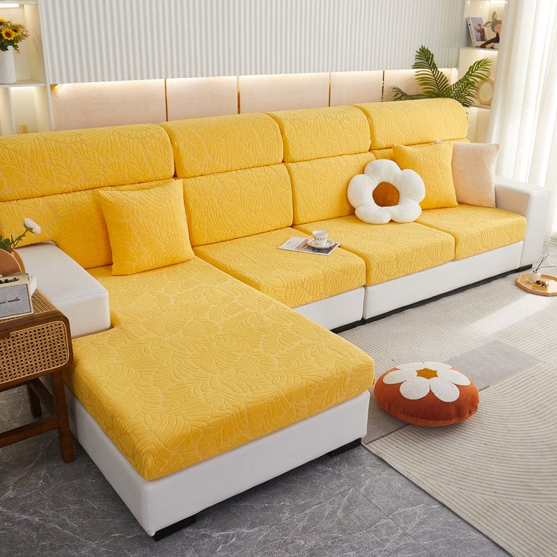 Gros plan sur la texture douce de la housse polaire jaune