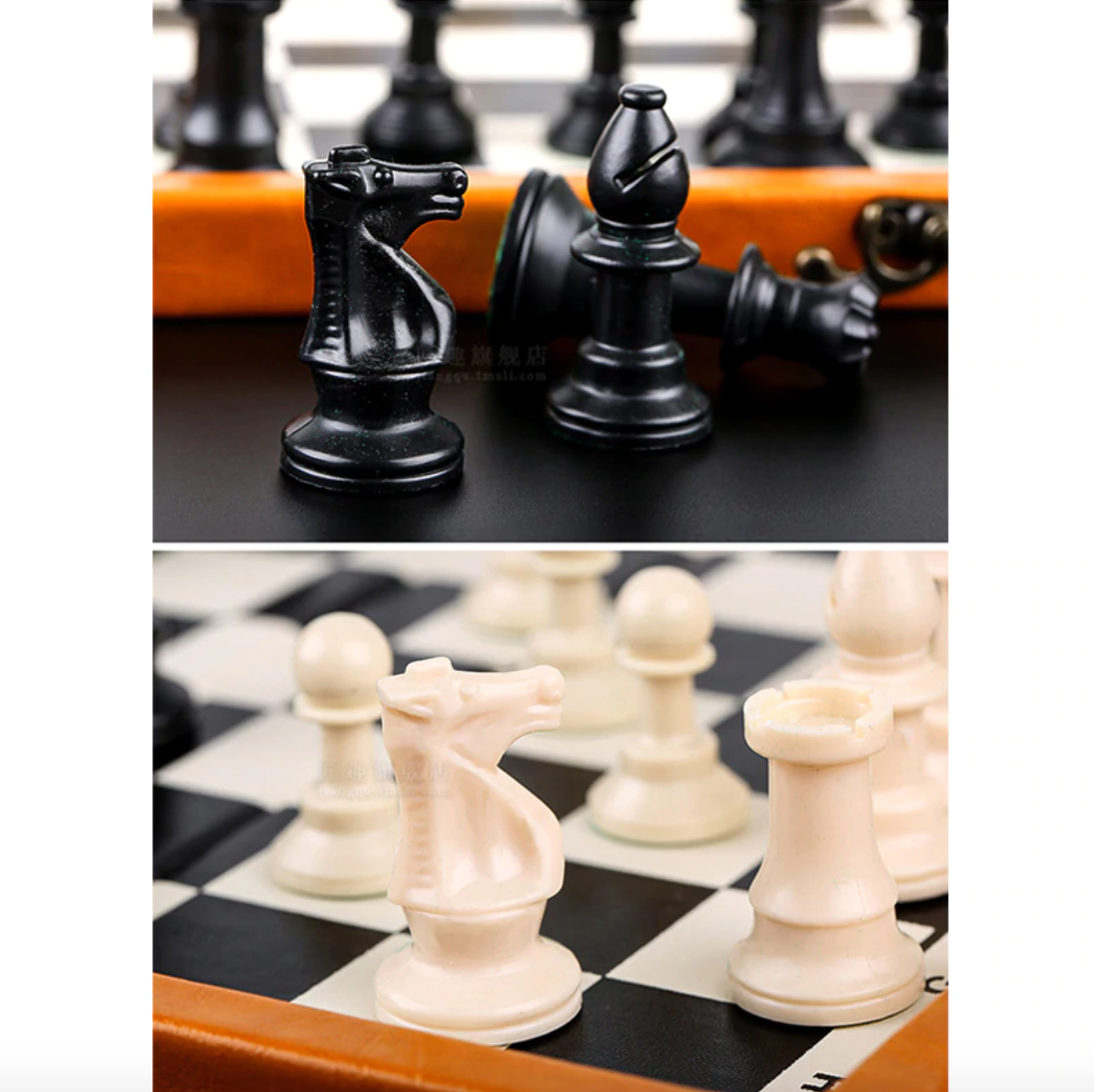 Pièces d'échecs en plastique sur un plateau pliable