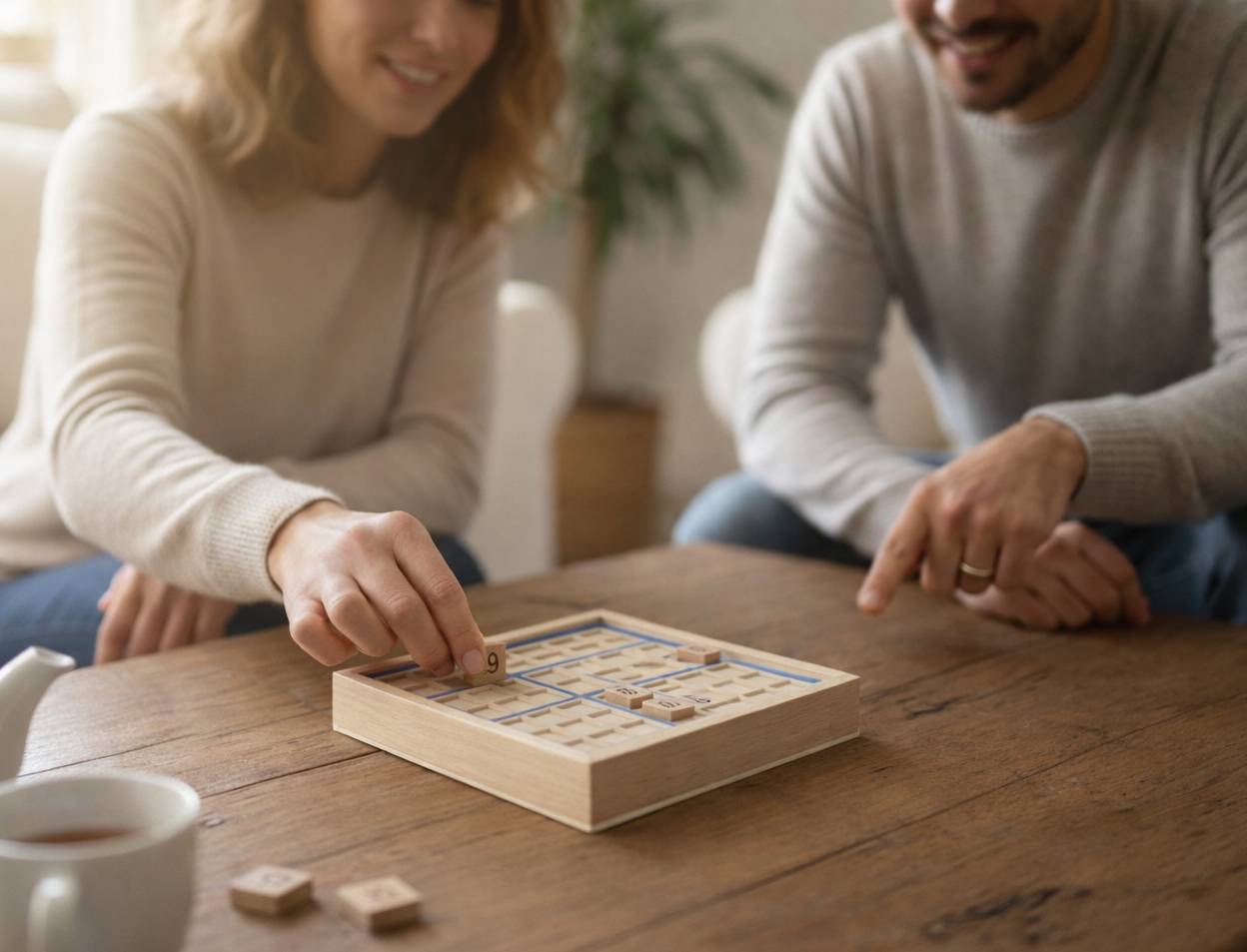 Jeu de sudoku en bois avec pièces numérotées sur une table