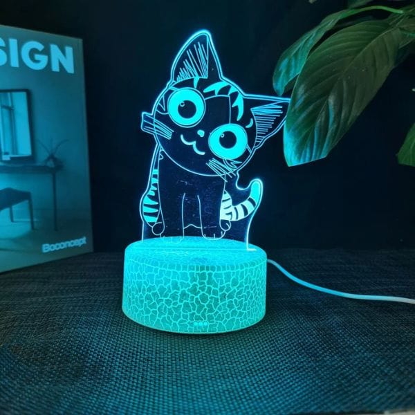 Veilleuse chat 3D montrant un changement de couleur rouge vif