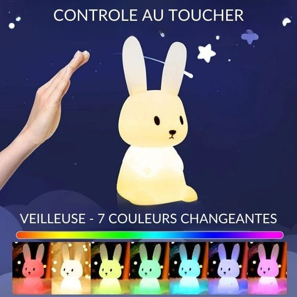 Vue de côté de la veilleuse lapin, silicone flexible